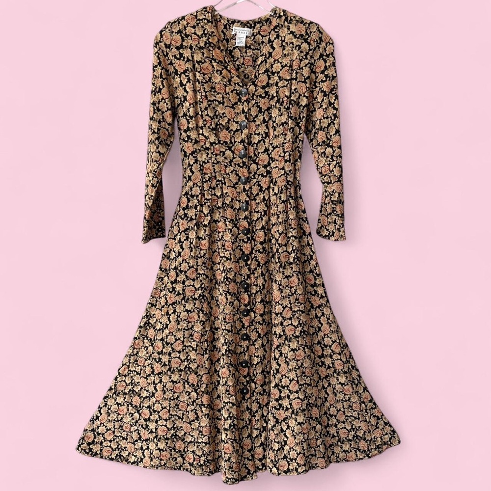 1990s Dark Floral Fit Flare Maxi Button Dress